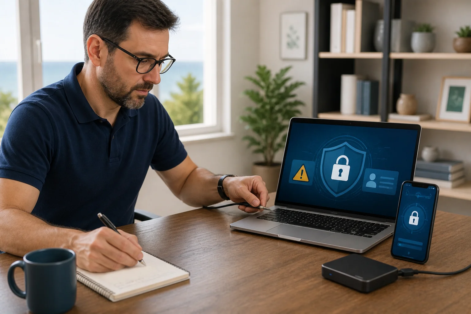Professionnel sécurisant un ordinateur et un téléphone après un incident cyber