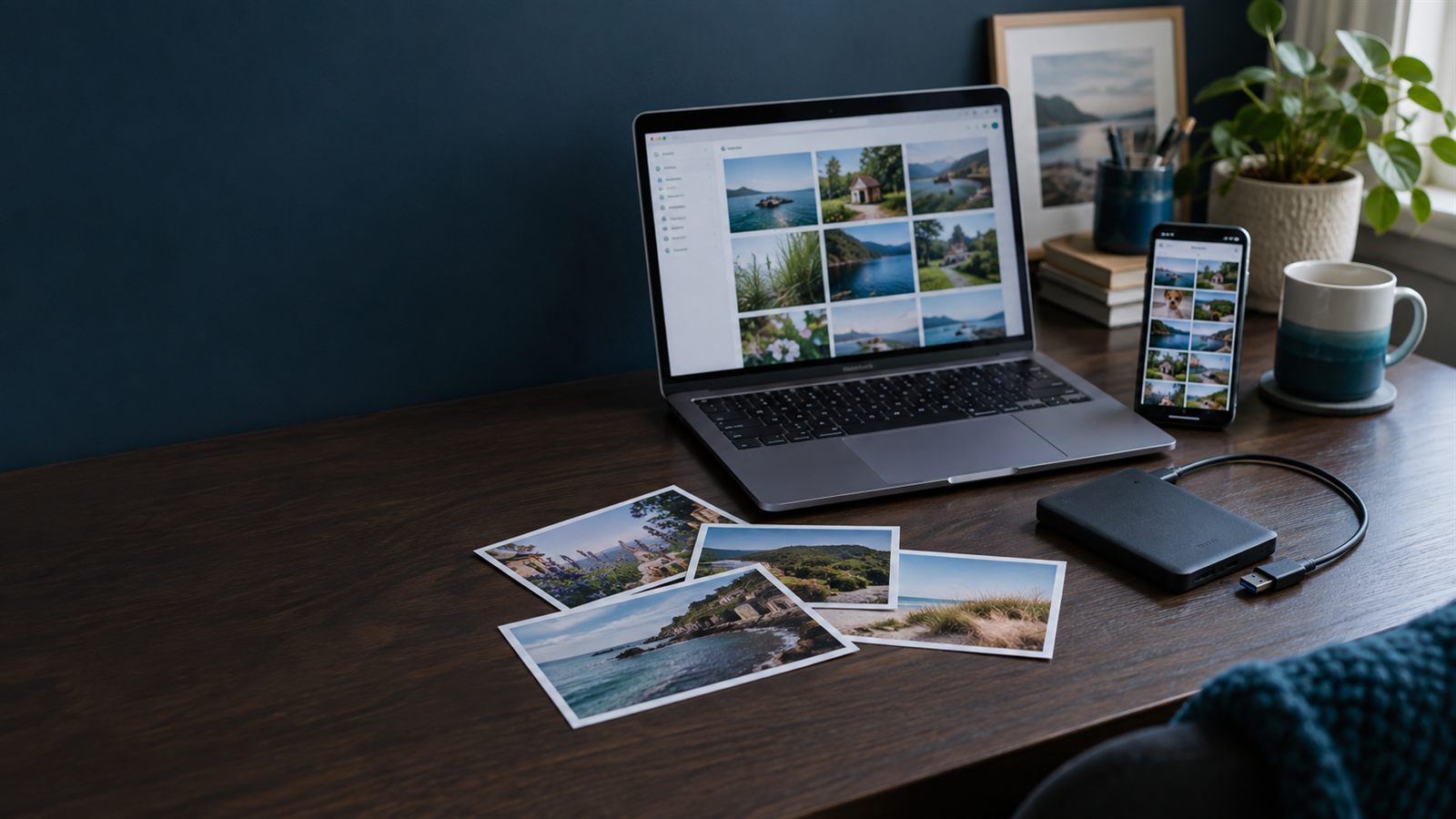 Ordinateur, téléphone, disque externe et photos à comparer avant une copie