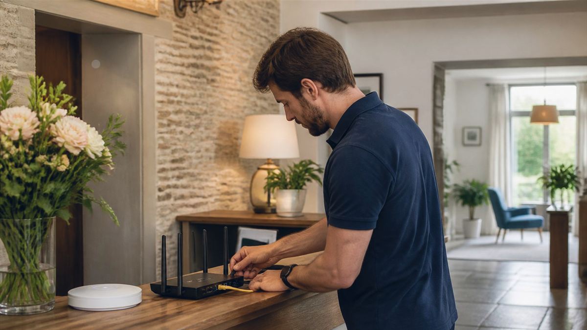 Technicien vérifiant les câbles et les voyants d’une box Internet près d’un ordinateur portable