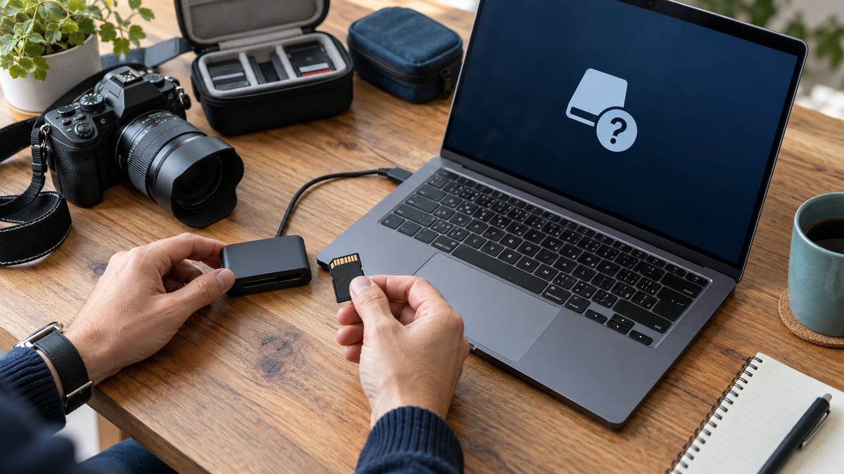 Carte mémoire SD et lecteur contrôlés près d’un appareil photo et d’un ordinateur