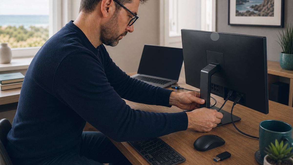 Clavier, souris et connexions d’écran contrôlés sur un bureau informatique