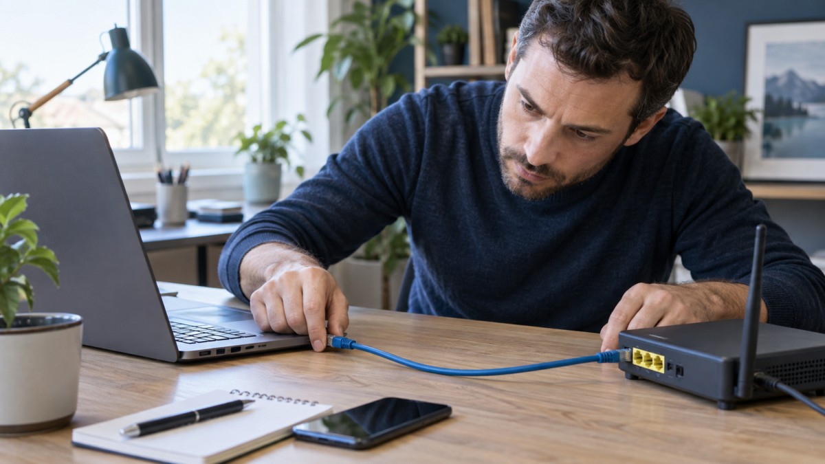 Technicien contrôlant un câble Ethernet entre un ordinateur portable et un routeur