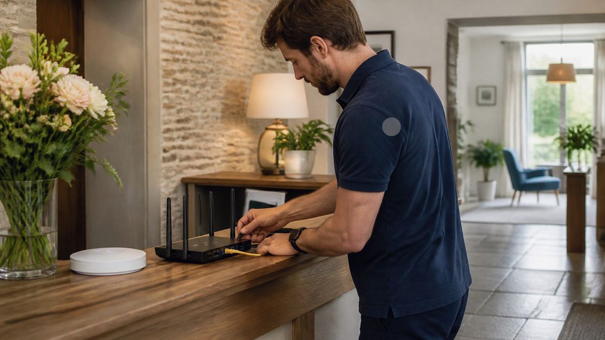 Routeur, commutateur réseau et câble Ethernet vérifiés par un technicien