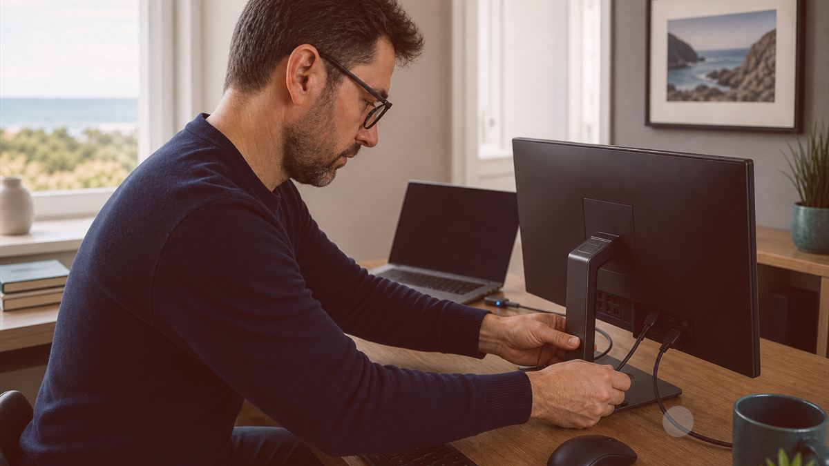 Technicien vérifiant les câbles d’un écran externe relié à un ordinateur portable