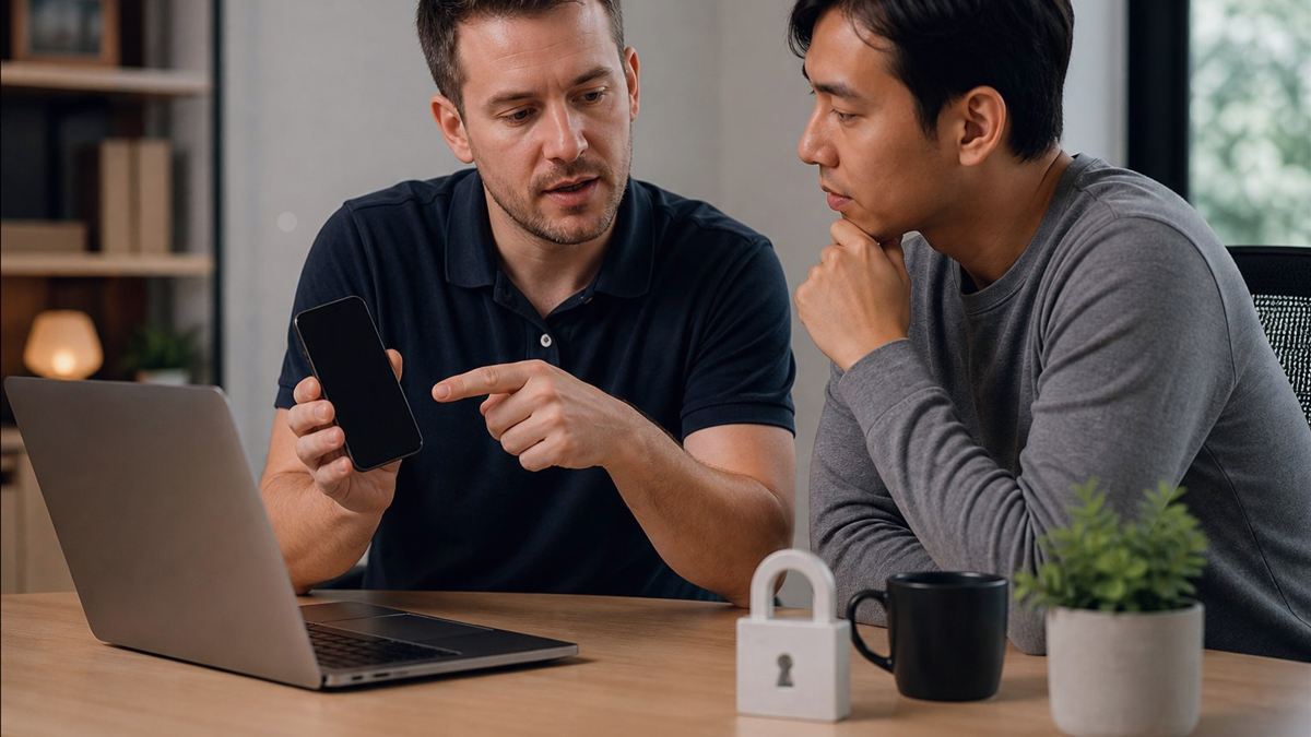 Professionnel analysant avec prudence une alerte de sécurité sur ordinateur et téléphone