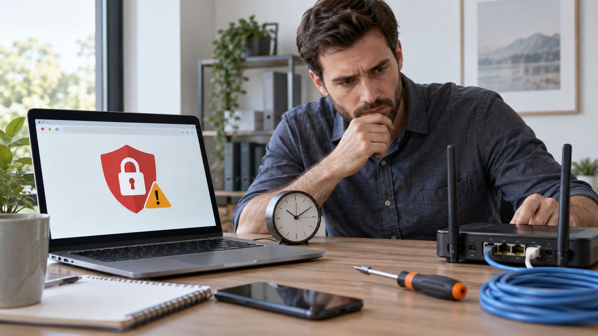 Ordinateur affichant un symbole d’alerte de connexion pendant un contrôle de l’heure et du routeur