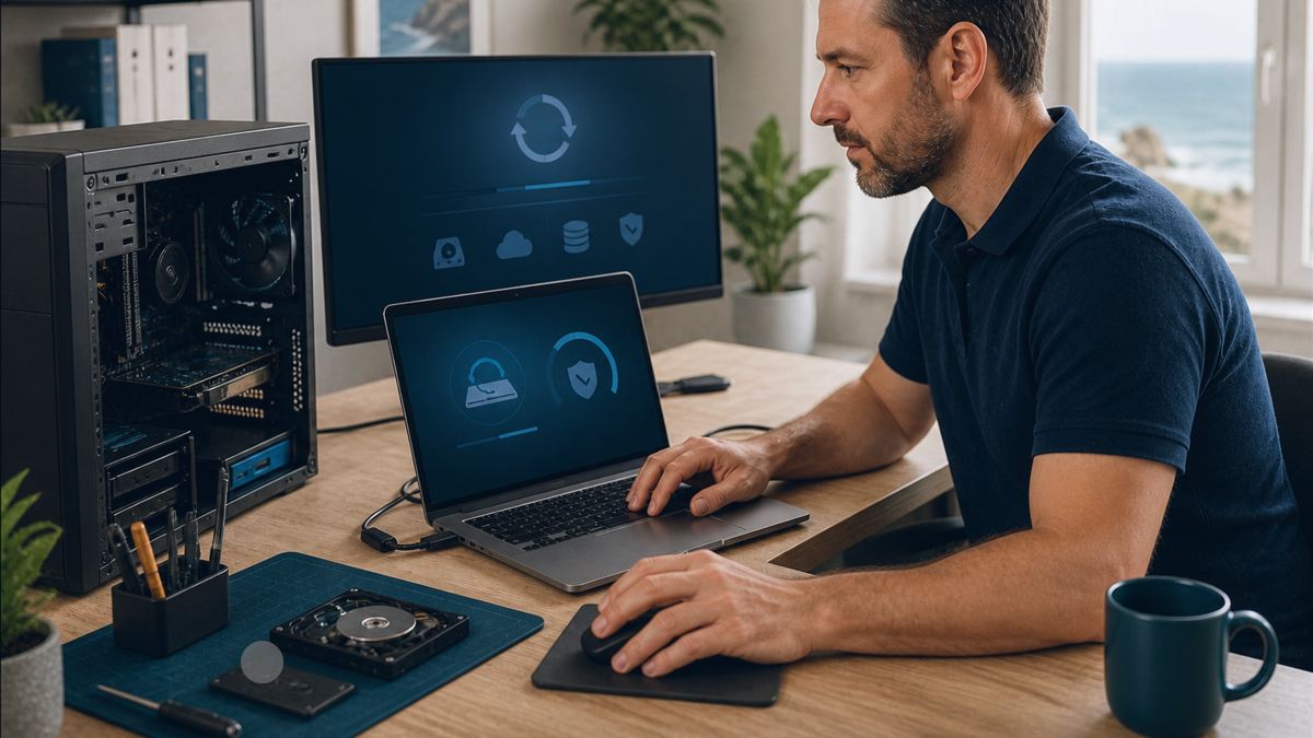 Technicien vérifiant la compatibilité et la sécurité de plusieurs ordinateurs avant une migration Windows