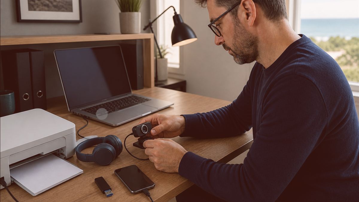 Illustration du guide « Imprimante Wi-Fi après changement de box » — périphériques & réseau.