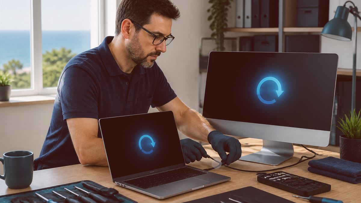 Technicien diagnostiquant le démarrage d’un ordinateur tout-en-un et d’un ordinateur portable génériques