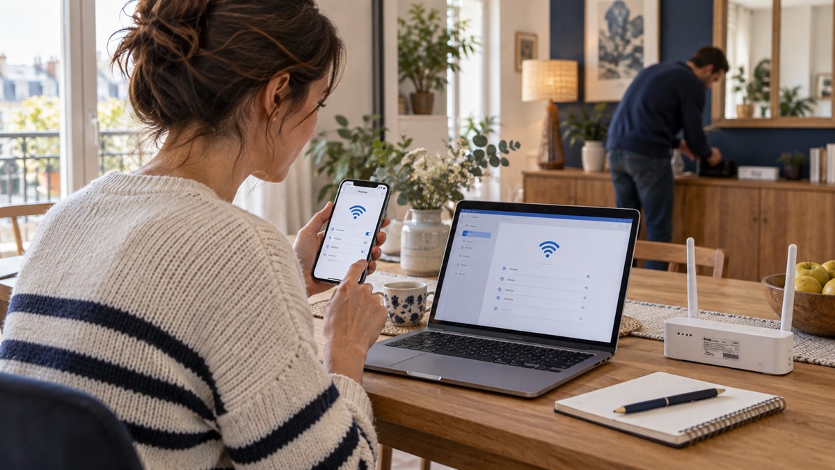 Utilisatrice vérifiant les réglages Wi-Fi de son ordinateur et de son téléphone près d’une box