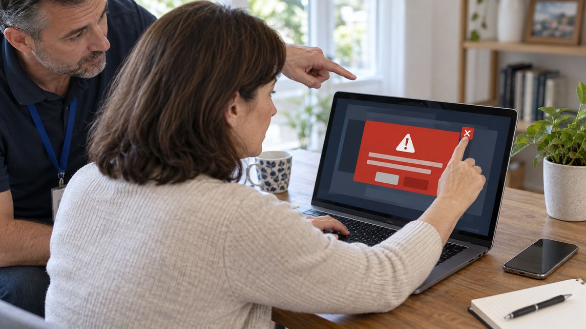 Utilisateur fermant une fausse alerte de sécurité affichée dans un navigateur sans appeler le numéro proposé