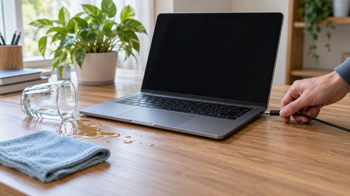 Ordinateur portable éteint et débranché après un verre renversé à proximité
