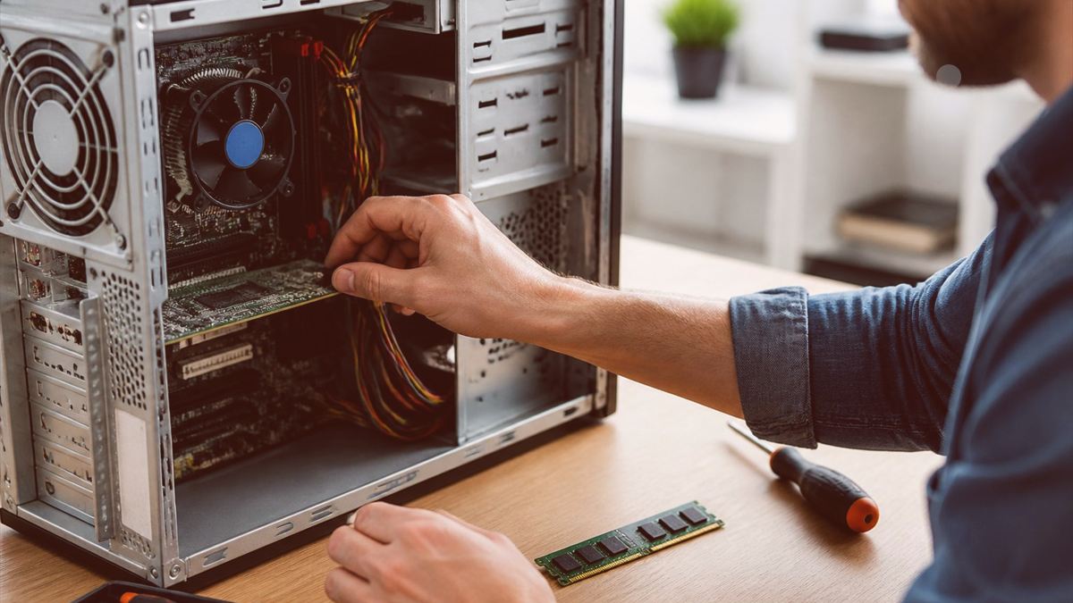 Technicien contrôlant un ordinateur et son matériel réseau sur un bureau