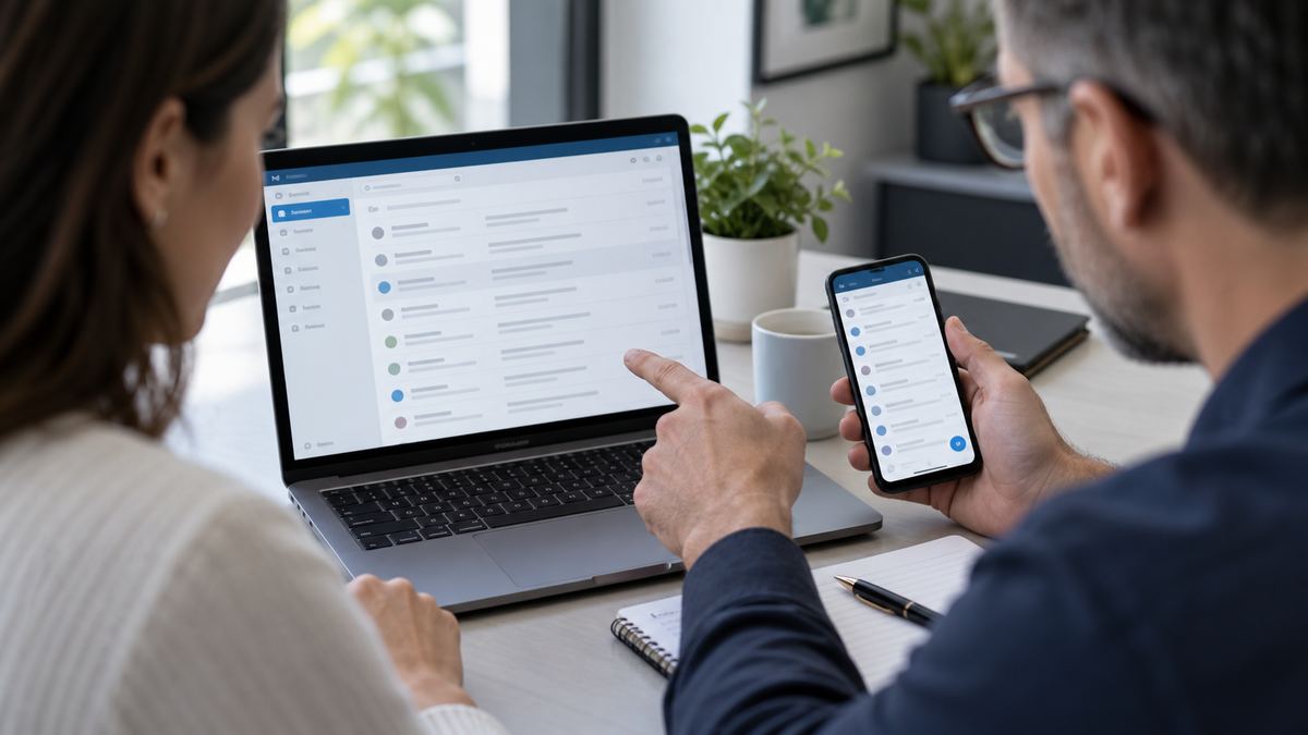 Vérification d’une messagerie sur un ordinateur portable et un téléphone sans données personnelles visibles