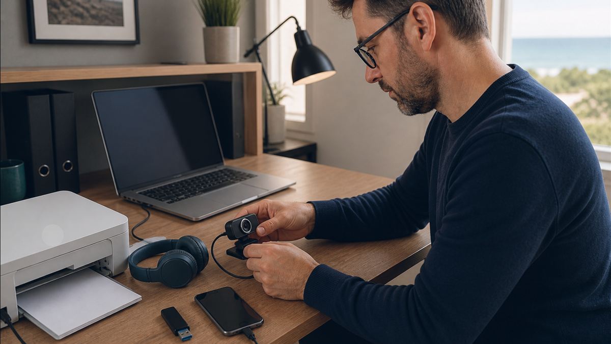 Technicien contrôlant un casque et plusieurs périphériques connectés à un ordinateur