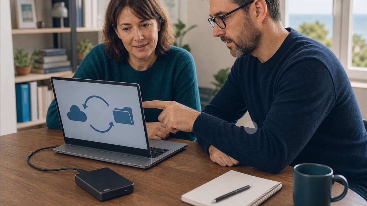 Utilisateur accompagné pour vérifier une sauvegarde sur disque externe et dans le cloud