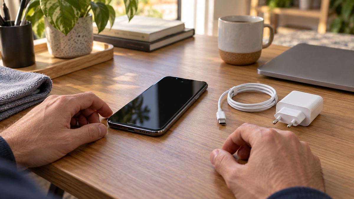 Téléphone à écran noir près d’un câble USB-C et d’un chargeur sur un bureau
