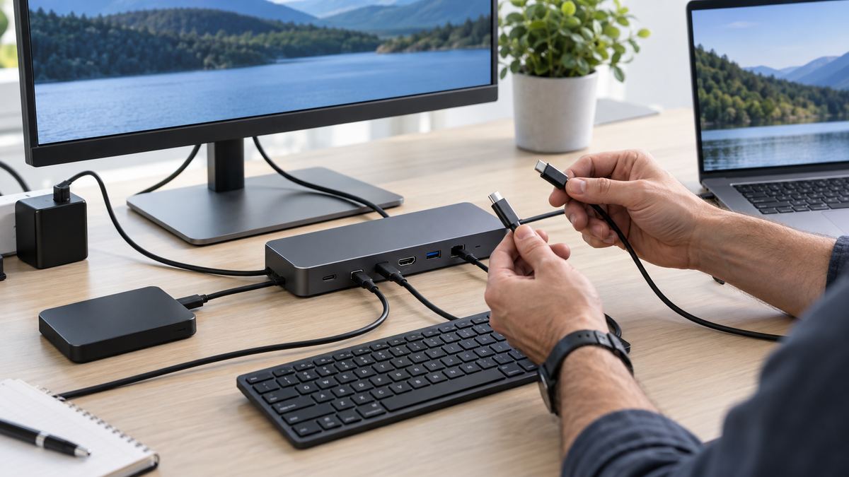 Station d’accueil USB-C, écran, alimentation et ordinateur contrôlés câble par câble