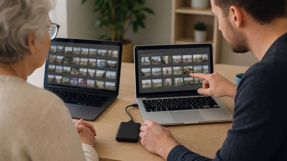 Technicien expliquant la synchronisation de fichiers entre un ordinateur et le cloud