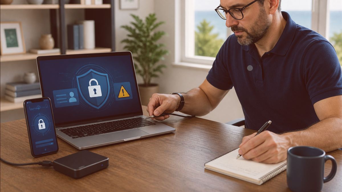 Conseils de sécurité informatique donnés à domicile devant un ordinateur