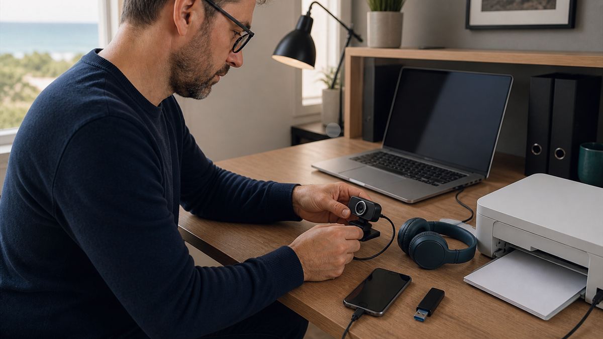 Technicien réglant une webcam, un casque et un ordinateur portable