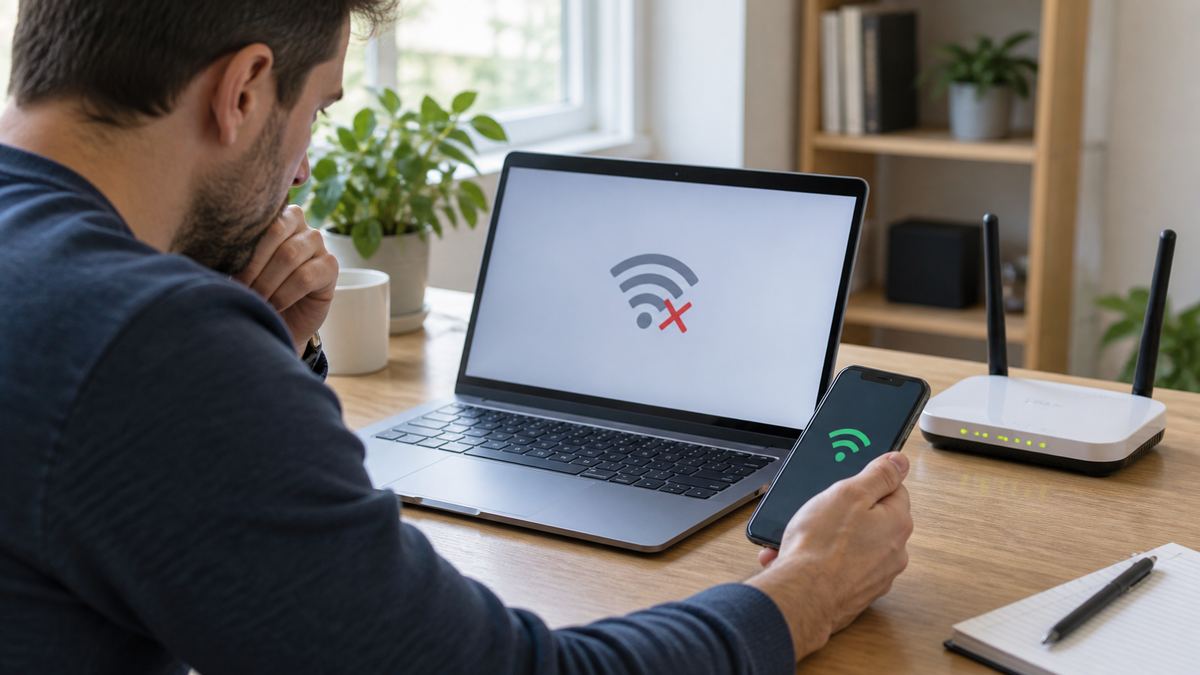 Ordinateur portable connecté au Wi-Fi pendant la vérification d’une box Internet