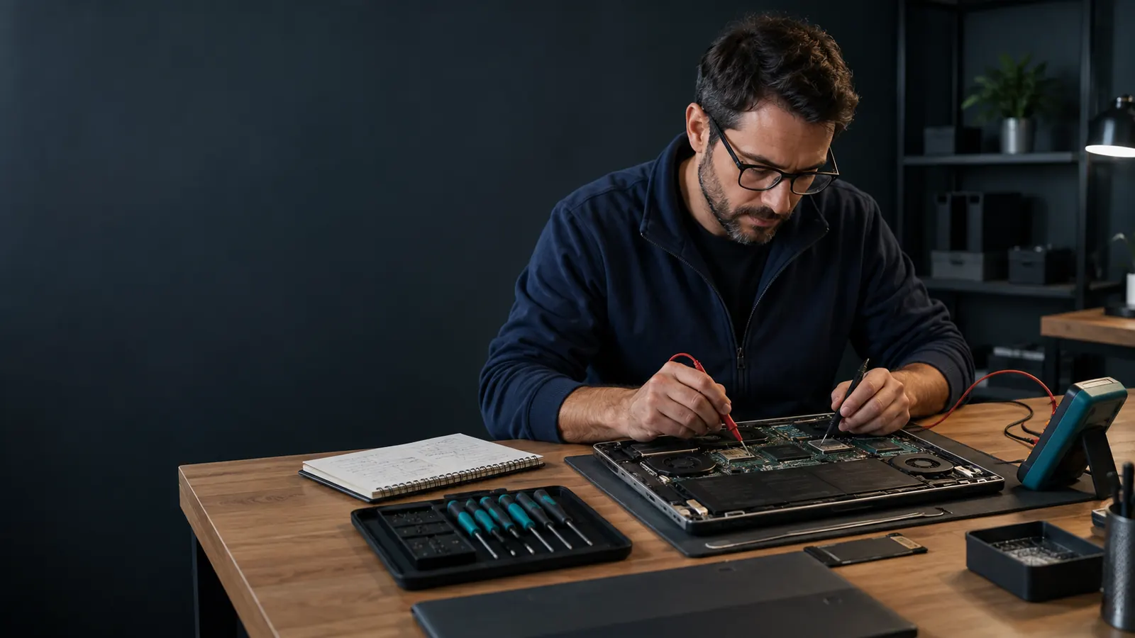 Technicien diagnostiquant méthodiquement un ordinateur portable ouvert sur un établi