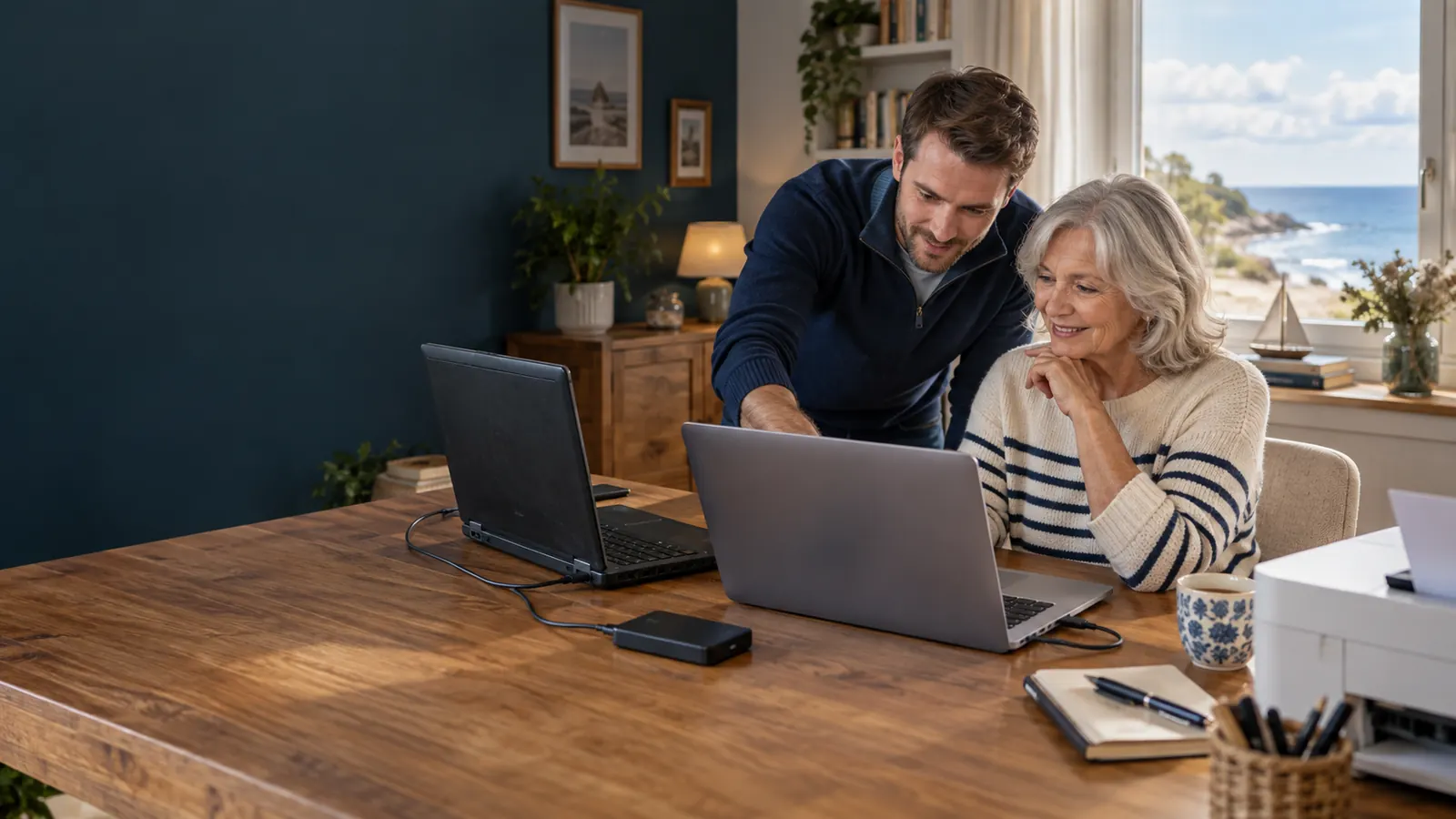 Configuration d’un ordinateur neuf avec l’ancien appareil et un support de transfert sur une table