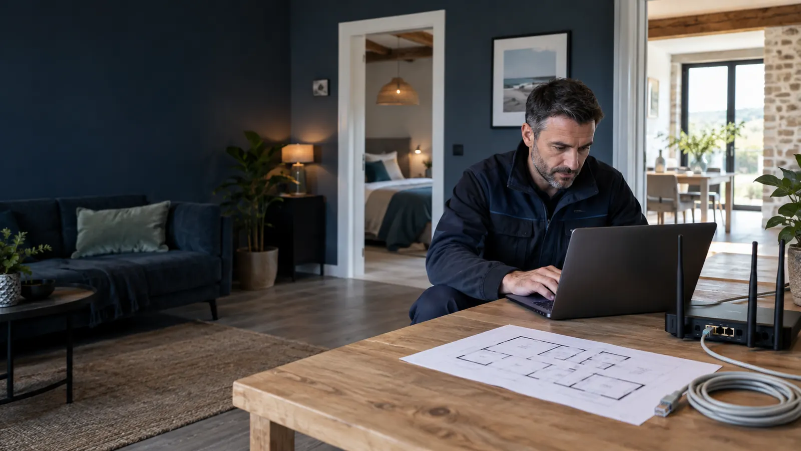 Technicien mesurant la couverture Wi-Fi avec un ordinateur portable près d’une box et d’un plan de logement